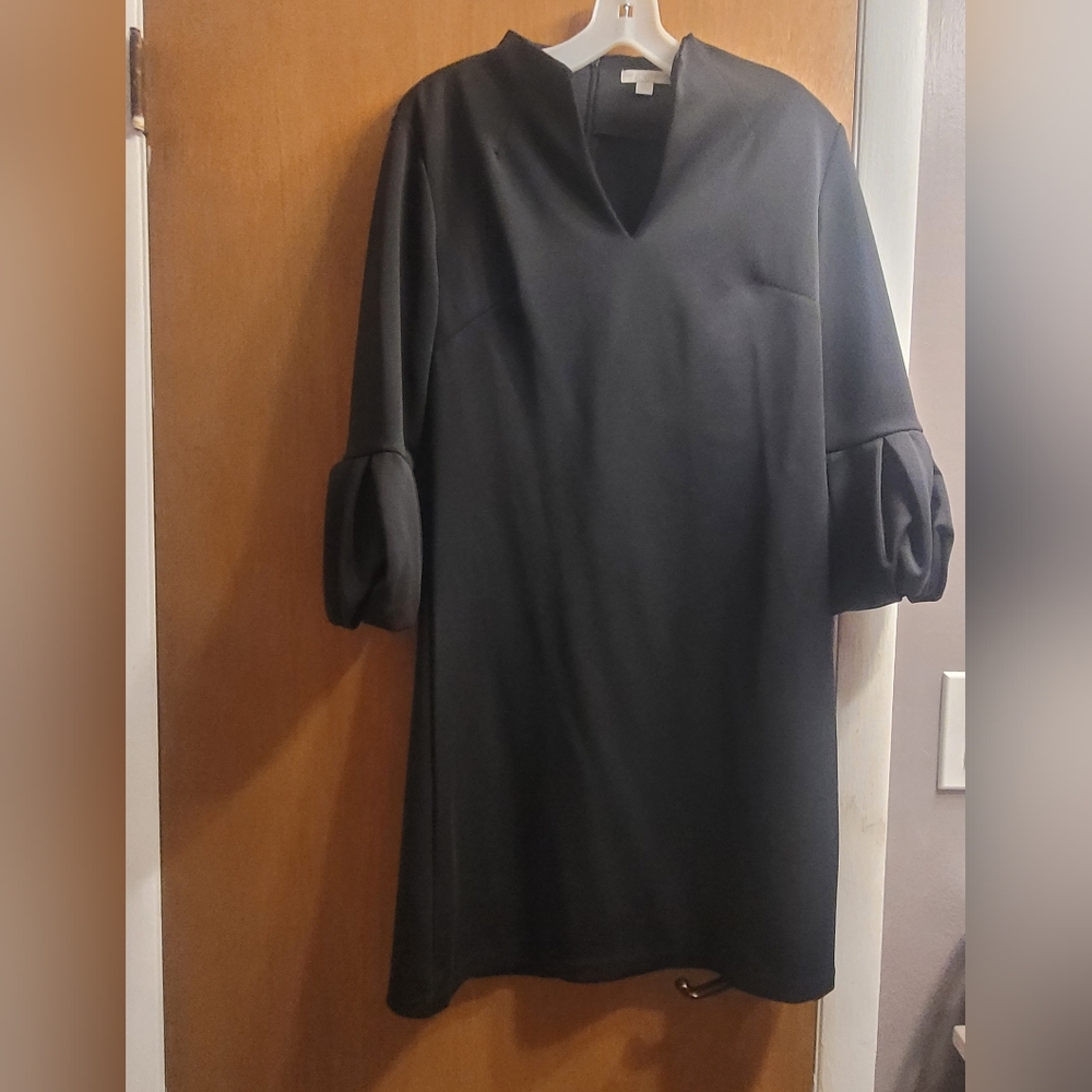 New York & Company Elegant Black Dress with Puff Sleeves